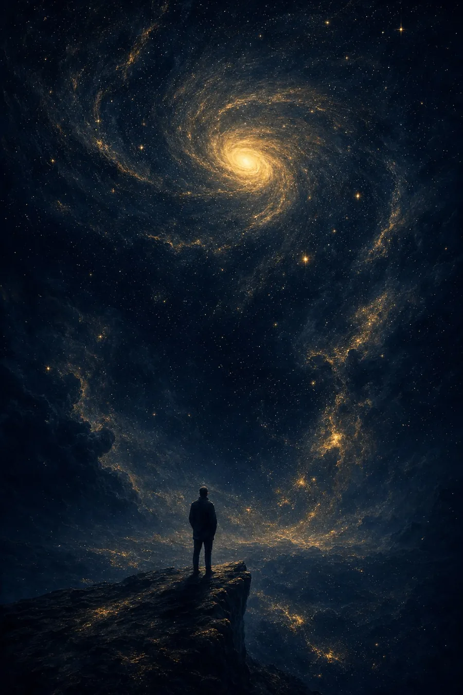 A lone figure contemplating a vast golden galaxy against deep navy space